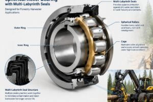 Cross-section view of a spherical roller bearing with multi-labyrinth seals designed for forestry harvester applications