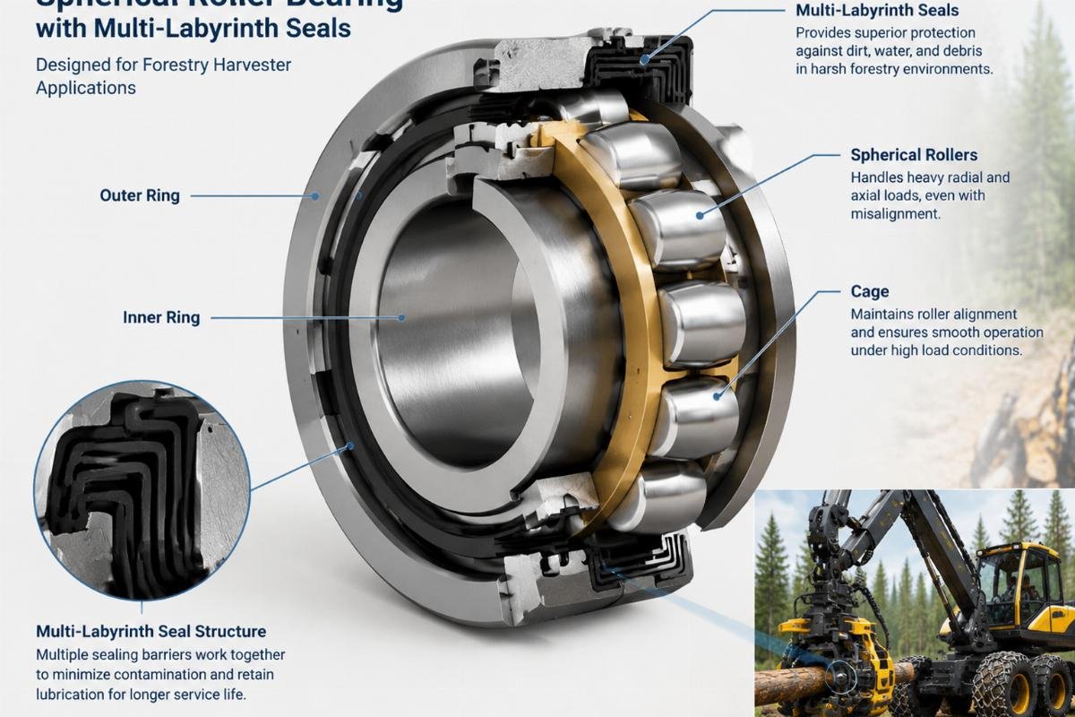 Cross-section view of a spherical roller bearing with multi-labyrinth seals designed for forestry harvester applications