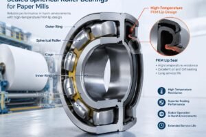 Cross-section view of sealed spherical roller bearings for paper mills showing high-temperature FKM lip design