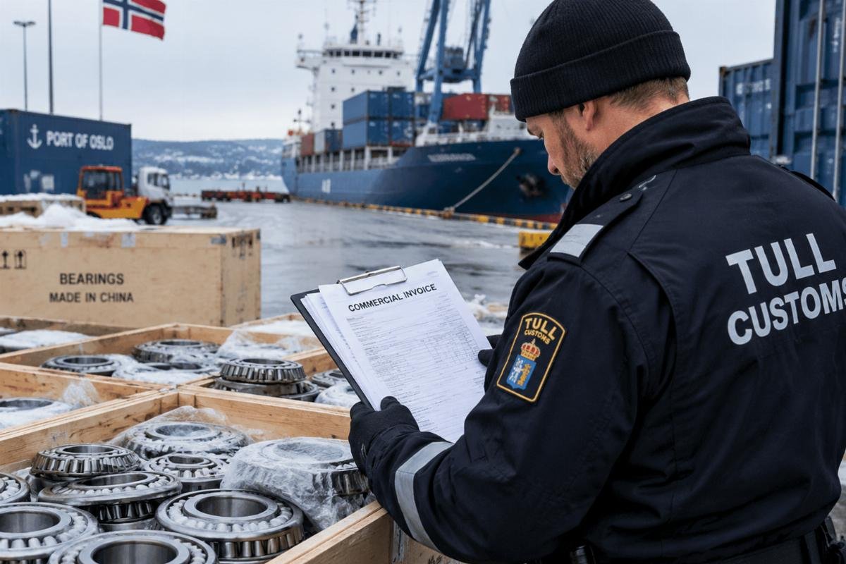 Customs officer inspecting bearing shipment documentation at a Nordic port