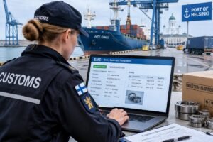 Customs officer reviewing digital ENS declaration data for industrial bearing shipments at Helsinki port