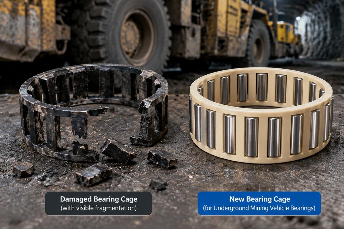 Damaged bearing cage with visible fragmentation next to a new unit for underground mining vehicle bearings comparison