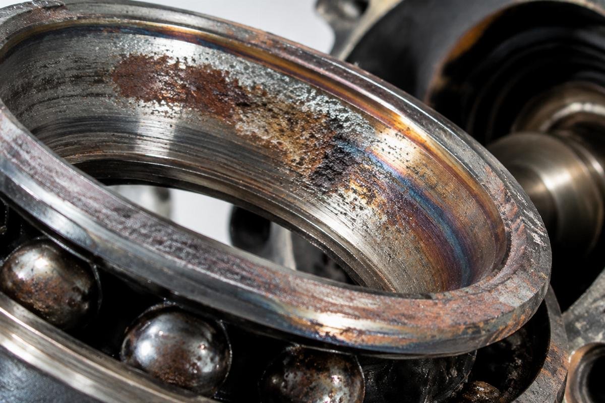 Damaged bearing raceway showing signs of moisture-induced corrosion and thermal burnout typical in heat pump compressor failures