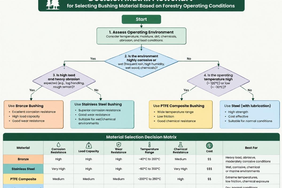 Decision matrix flowchart for selecting bushing material based on forestry operating conditions
