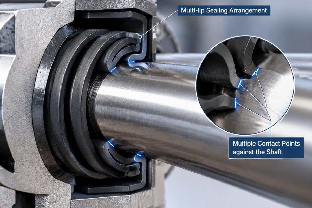 Detailed view of multi-lip sealing arrangement showing multiple contact points against the shaft