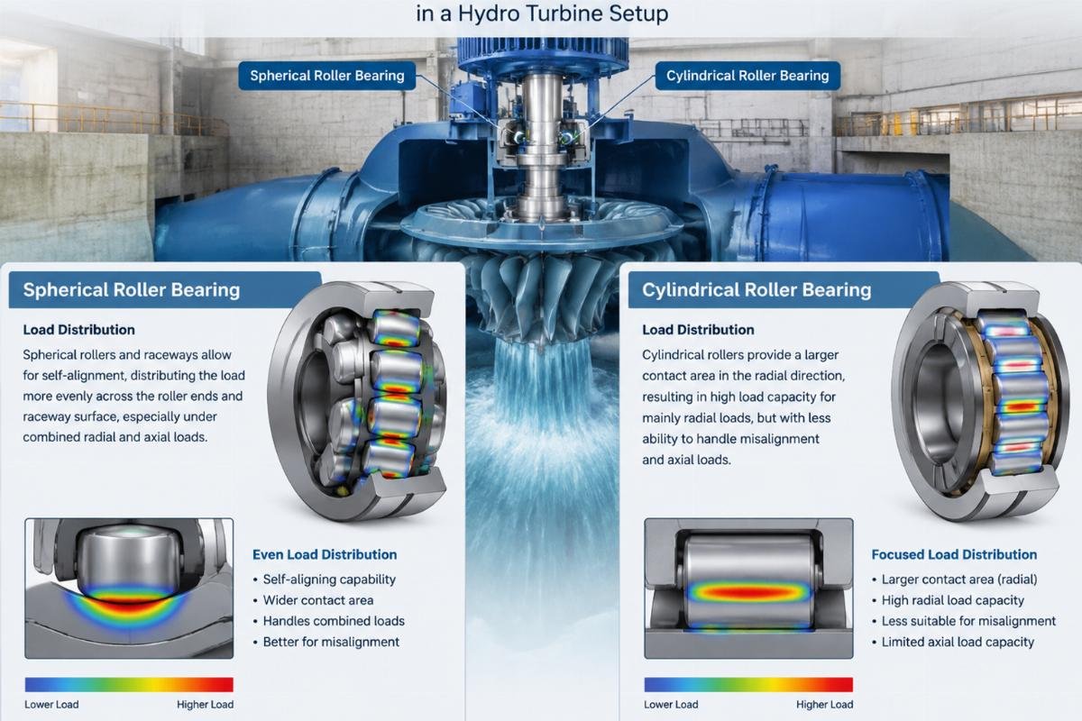 Diagram comparing load distribution in spherical vs cylindrical roller bearings in a hydro turbine setup