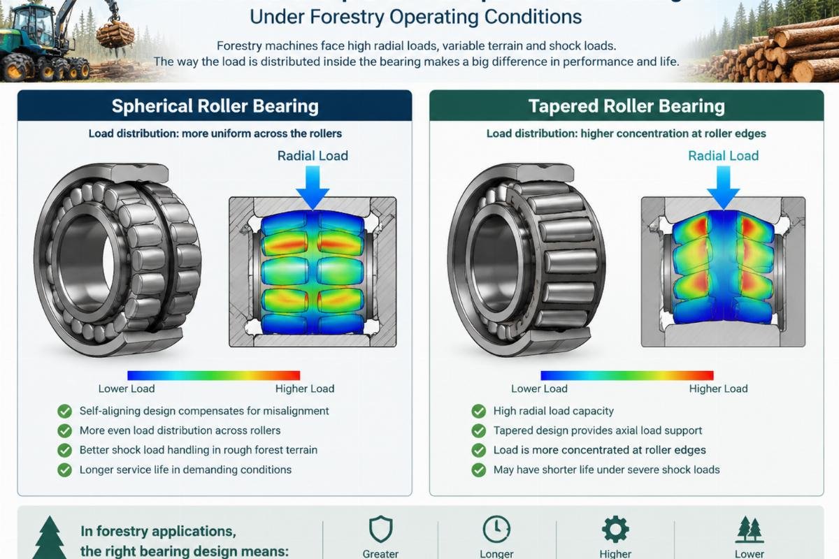 Diagram comparing load distribution in spherical vs tapered roller bearings under forestry operating conditions