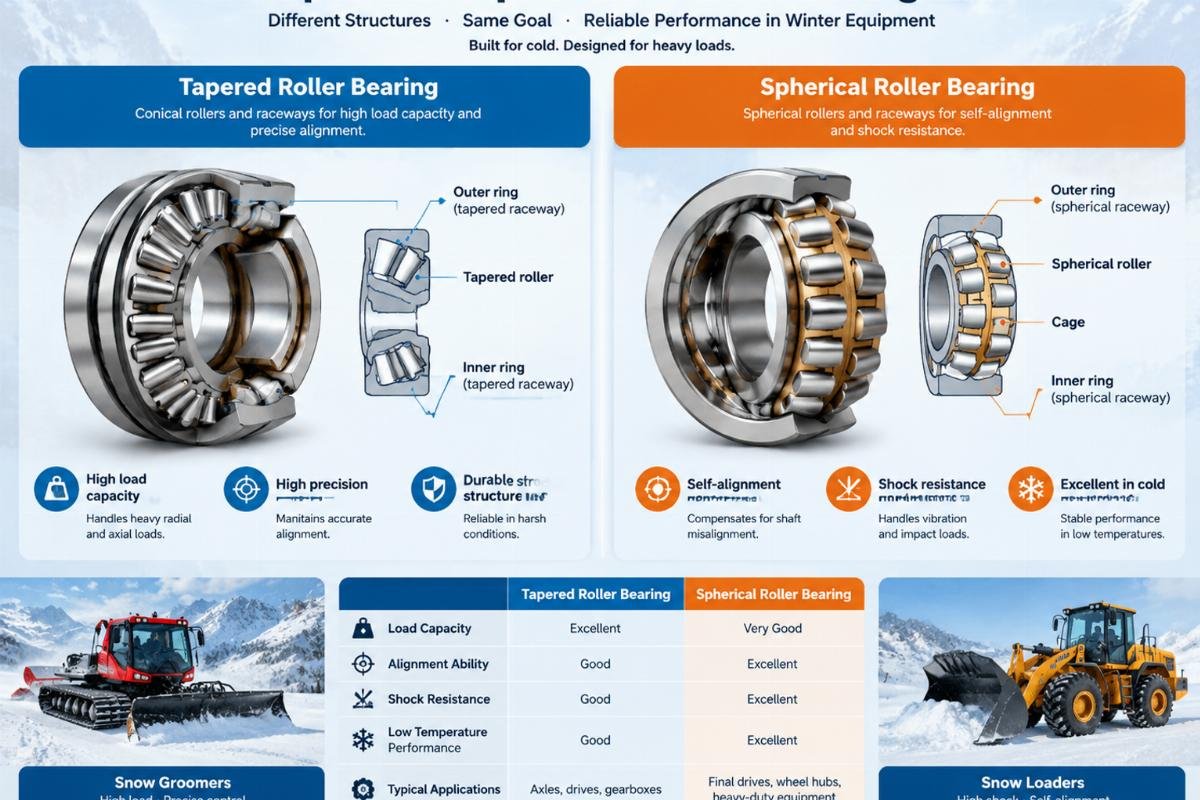 Diagram comparing tapered and spherical roller bearing structures in winter equipment contexts