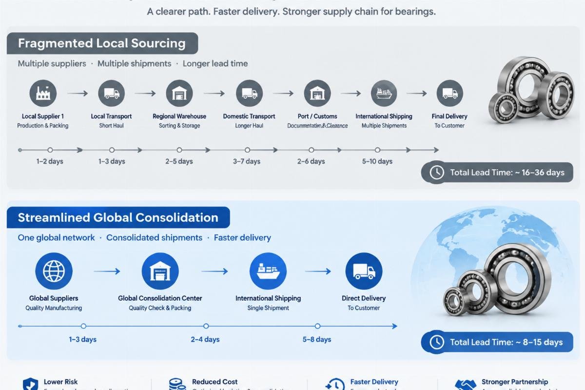 Diagram comparing the timeline of fragmented local sourcing versus streamlined global consolidation for bearing delivery