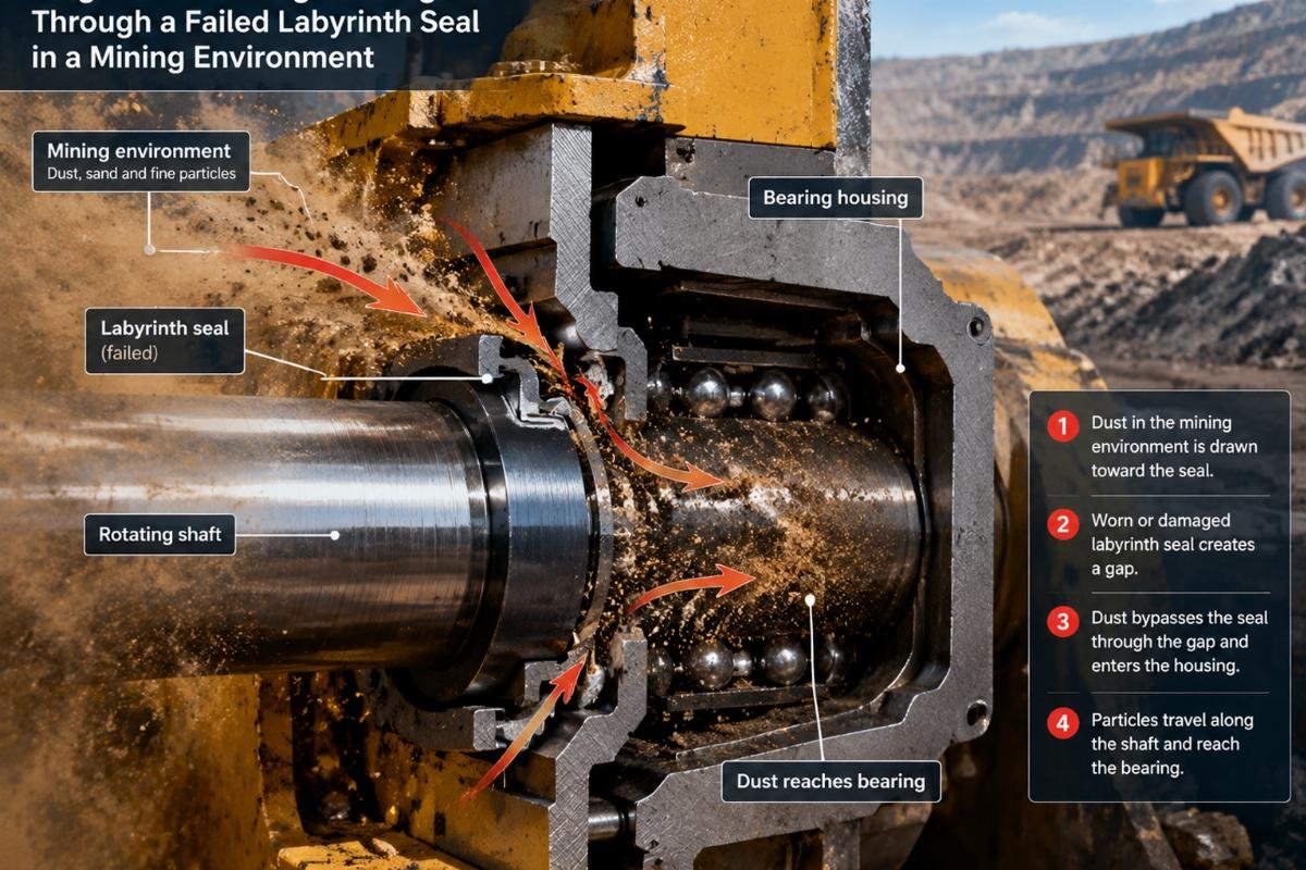 Diagram illustrating dust ingress path through a failed labyrinth seal in a mining environment