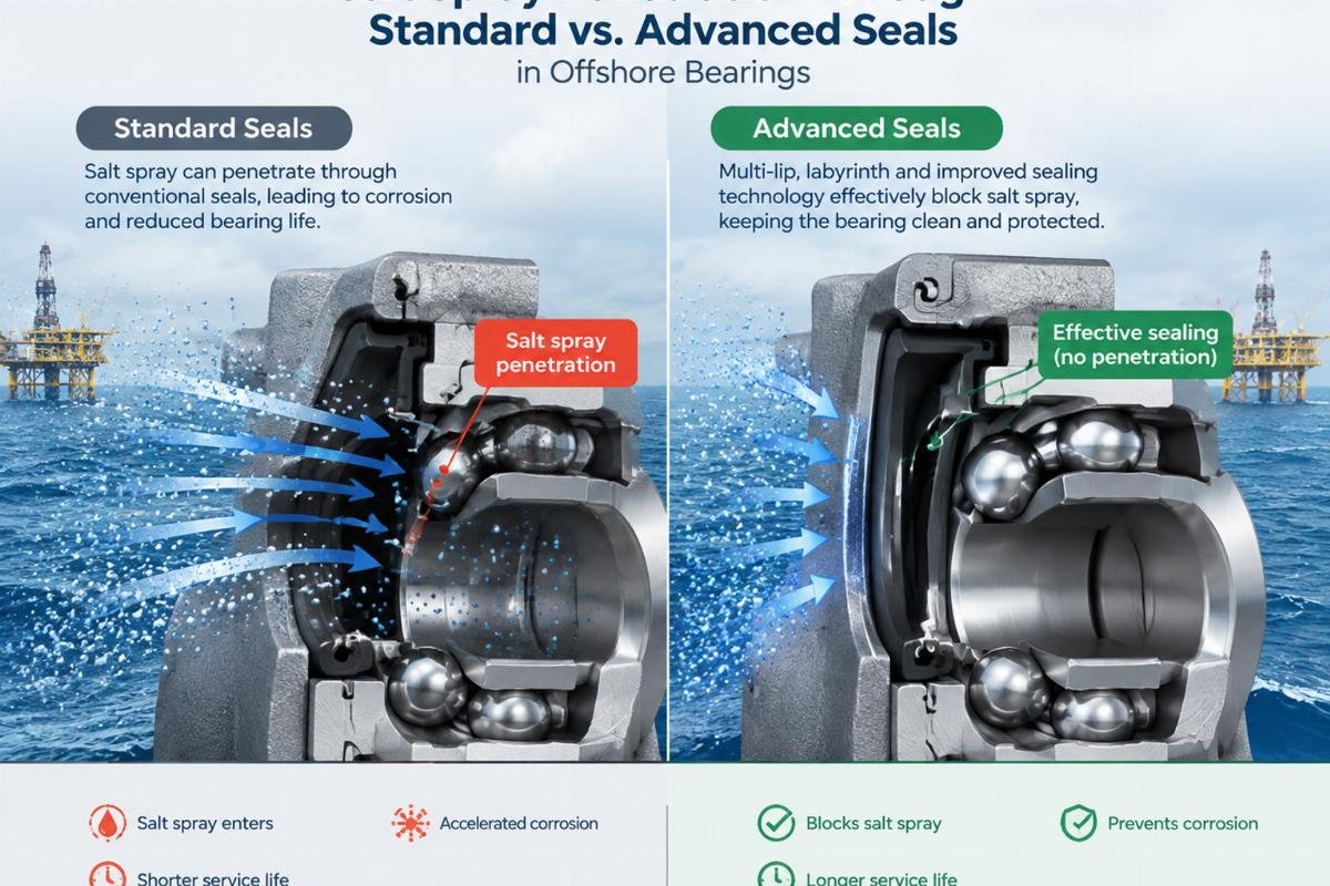 Diagram illustrating salt spray penetration through standard vs. advanced seals in offshore bearings