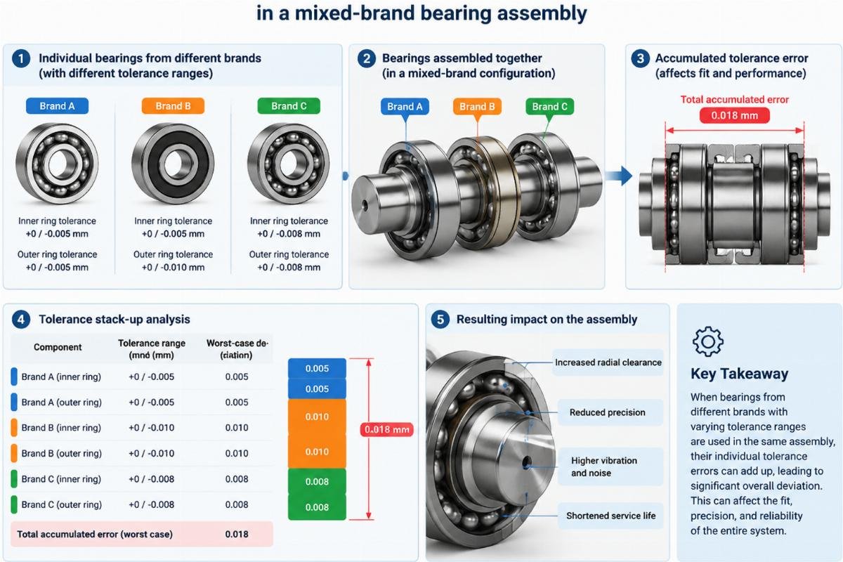Diagram illustrating the accumulation of tolerance errors in a mixed-brand bearing assembly
