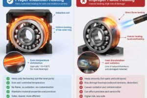 Diagram illustrating the difference between proper induction heating and improper flame heating on a spherical roller bearing