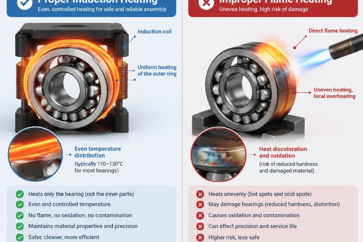 Diagram illustrating the difference between proper induction heating and improper flame heating on a spherical roller bearing