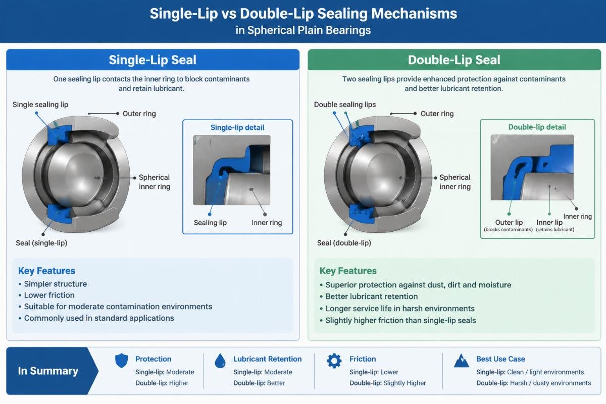 Diagram illustrating the difference between single-lip and double-lip sealing mechanisms in spherical plain bearings