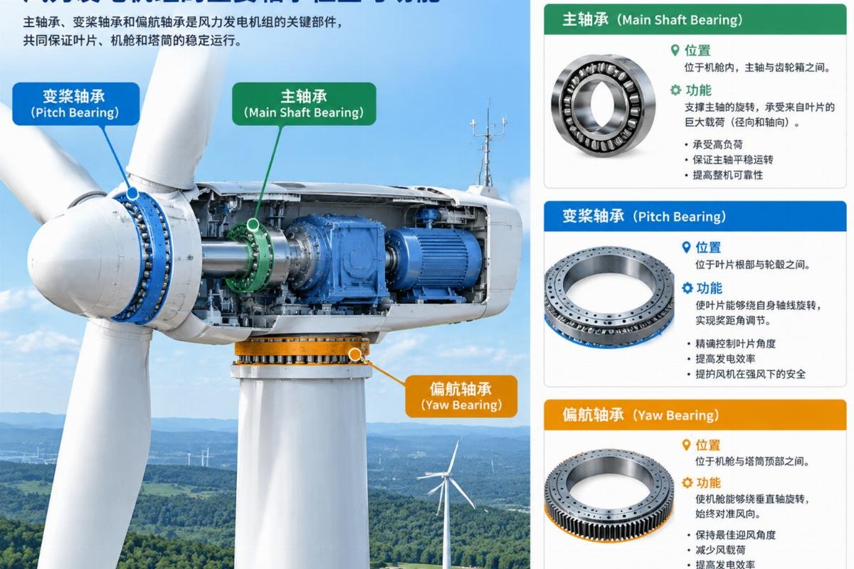 Diagram illustrating the location and function of main shaft, pitch, and yaw bearings in a wind turbine