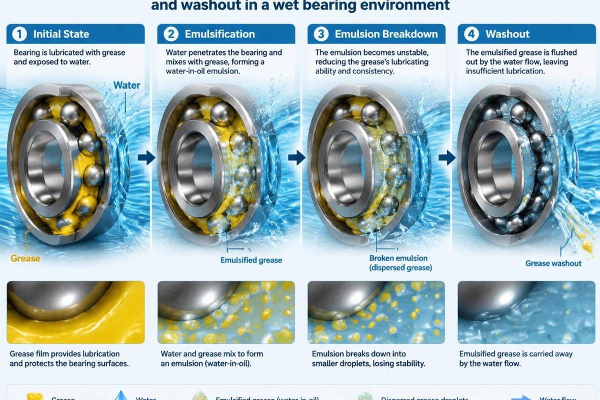 Diagram illustrating the process of grease emulsification and washout in a wet bearing environment