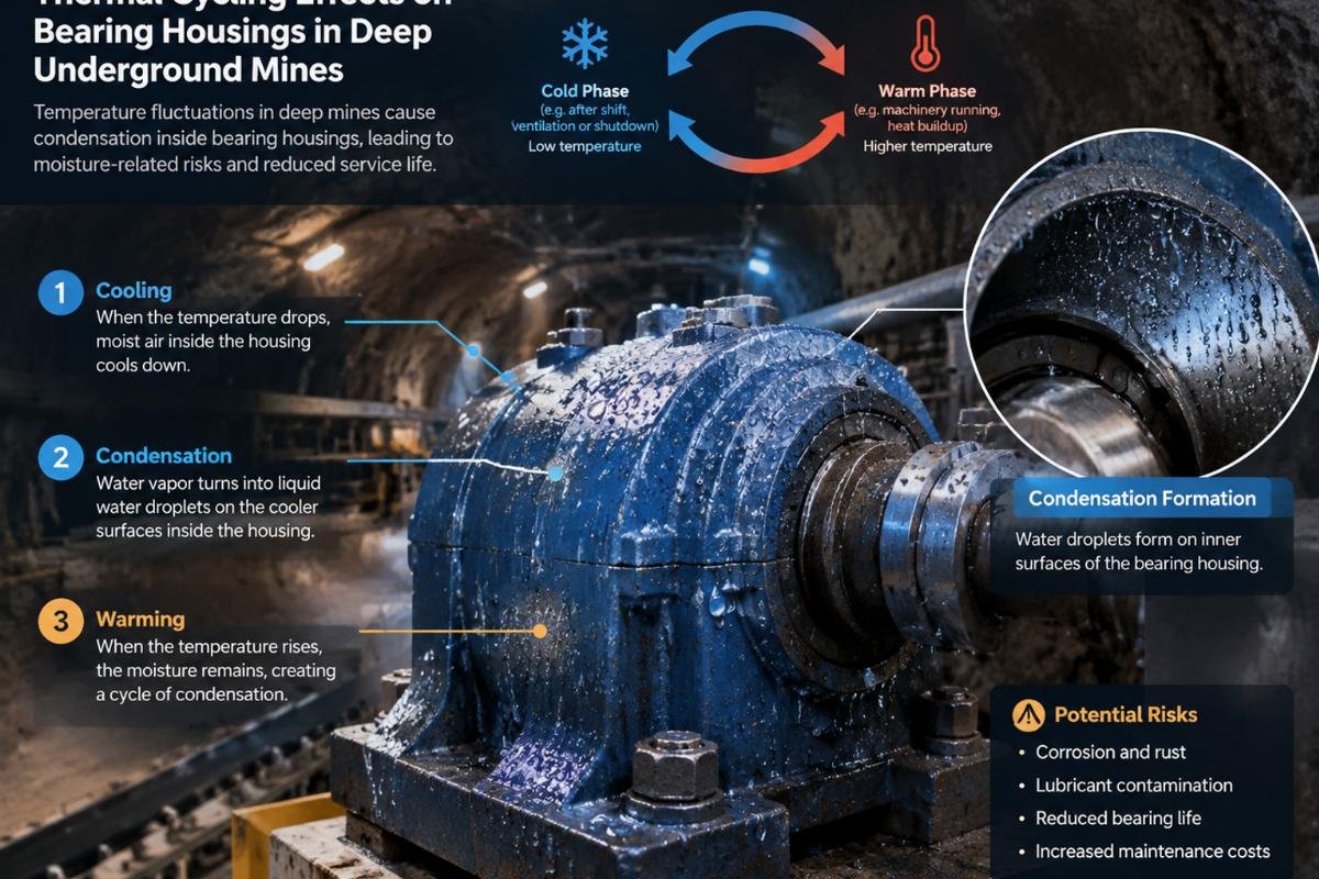 Diagram illustrating thermal cycling effects on bearing housings in deep underground mines showing condensation formation