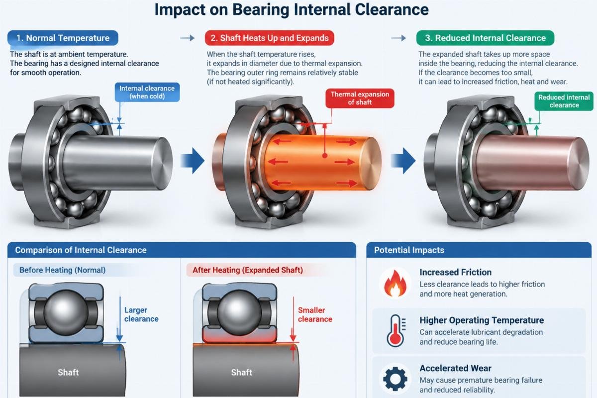 Diagram illustrating thermal expansion of a shaft and the resulting impact on bearing internal clearance