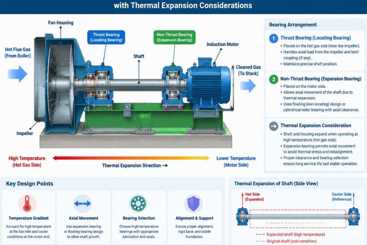 Diagram showing bearing arrangement for a biomass induced draft fan with thermal expansion considerations