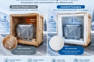 Diagram showing condensation formation inside standard wooden crates versus insulated packaging during winter transit