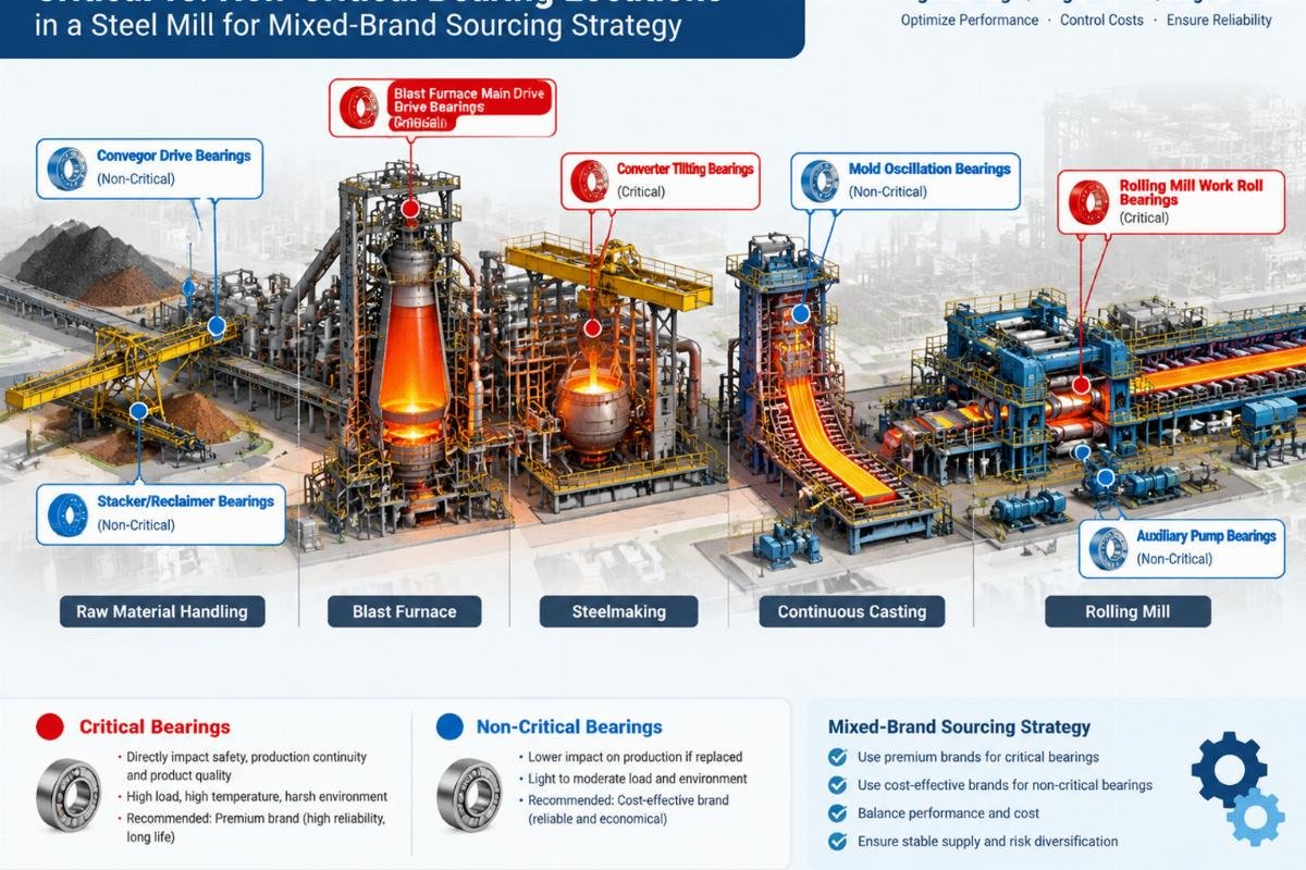 Diagram showing critical vs non-critical bearing locations in a steel mill for mixed-brand sourcing strategy
