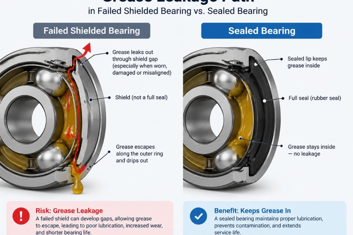 Diagram showing grease leakage path in failed shielded bearing versus sealed bearing