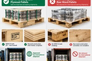 Diagram showing ISPM 15 compliant plywood pallets versus non-compliant raw wood pallets for bearing shipments