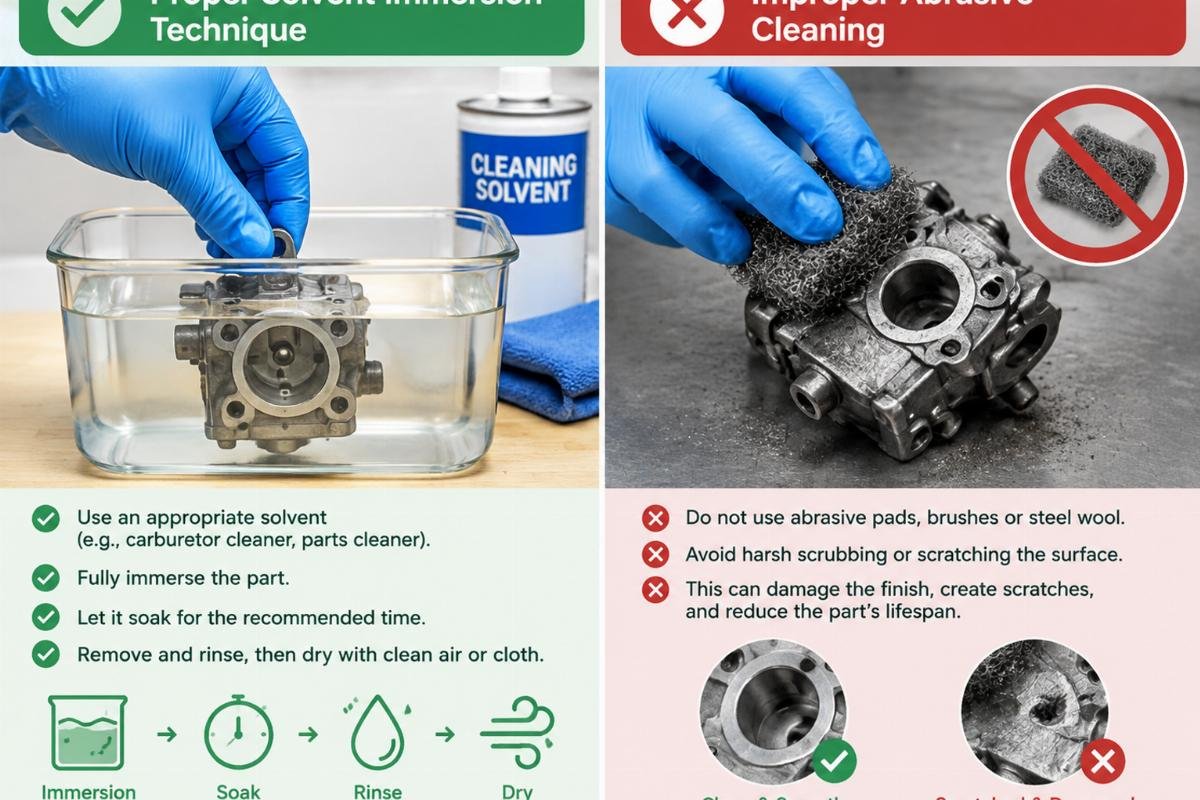 Diagram showing proper solvent immersion technique versus improper abrasive cleaning