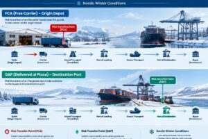 Diagram showing risk transfer points for FCA at origin depot versus DAP at destination port in Nordic winter conditions