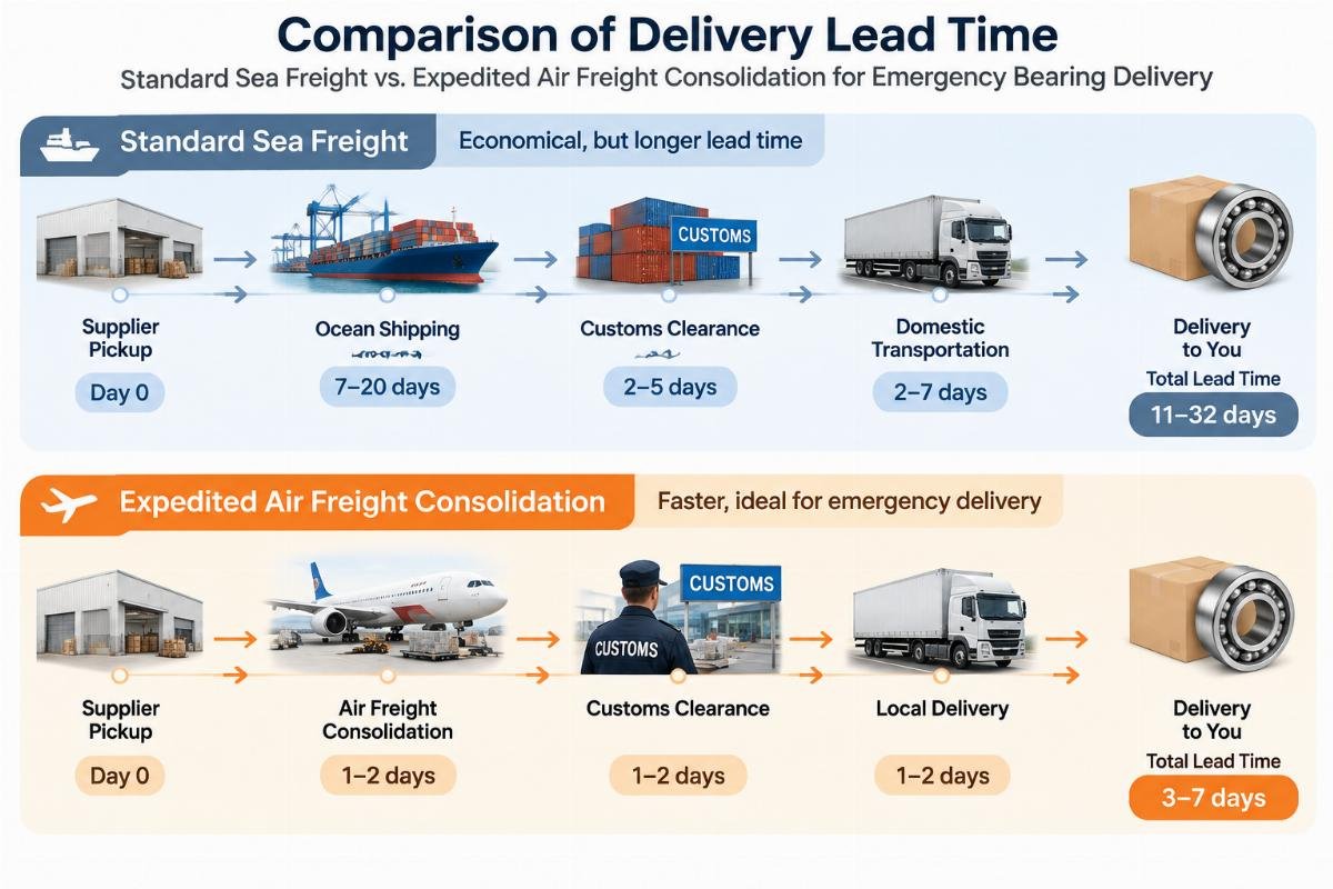 Diagram showing the comparison between standard sea freight lead time and expedited air freight consolidation for emergency bearing delivery