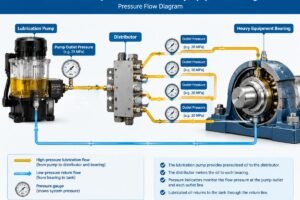 Diagram showing the connection between a lubrication pump, distributor, and heavy equipment bearing with pressure flow indicators