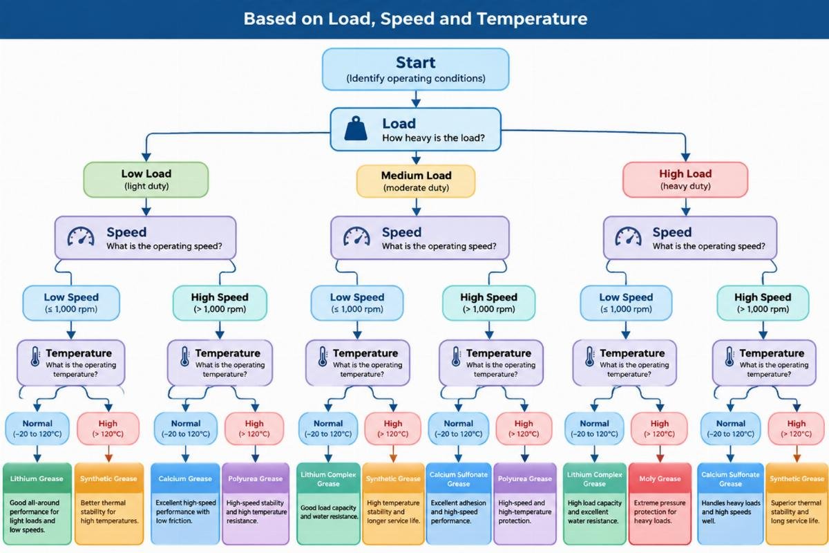 Diagram showing the decision tree for selecting grease based on load, speed, and temperature