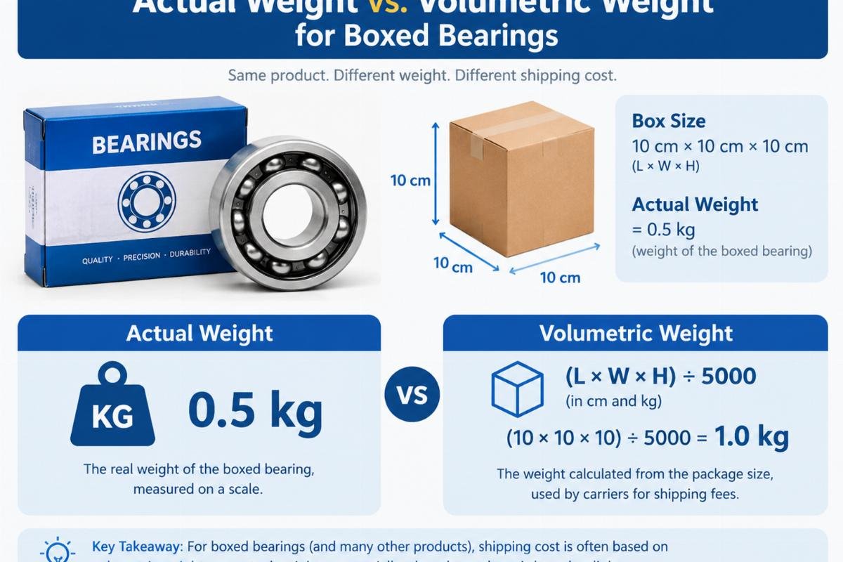 Diagram showing the difference between actual weight and volumetric weight for boxed bearings