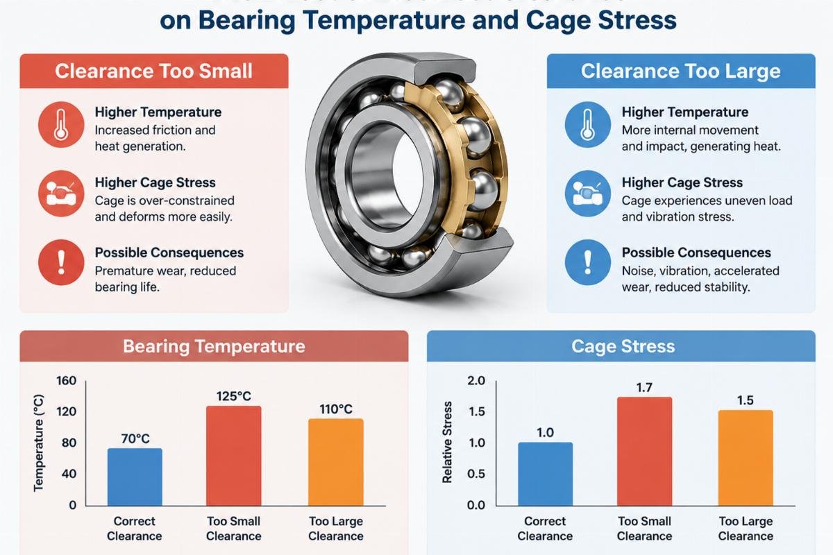 Diagram showing the effect of incorrect clearance on bearing temperature and cage stress