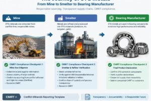 Diagram showing the flow of 3TG metals from mine to smelter to bearing manufacturer, highlighting CMRT compliance checkpoints
