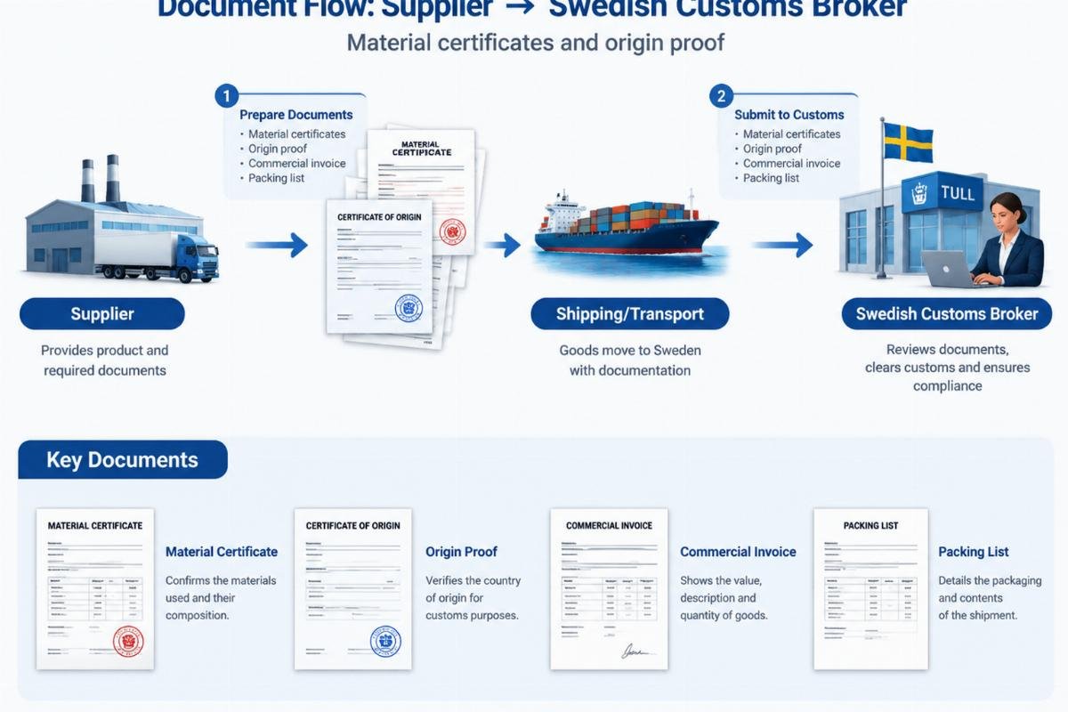 Diagram showing the flow of documents from supplier to Swedish customs broker including material certificates and origin proof