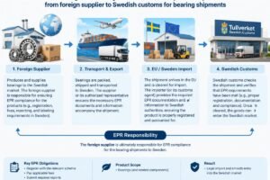 Diagram showing the flow of EPR responsibility from foreign supplier to Swedish customs for bearing shipments