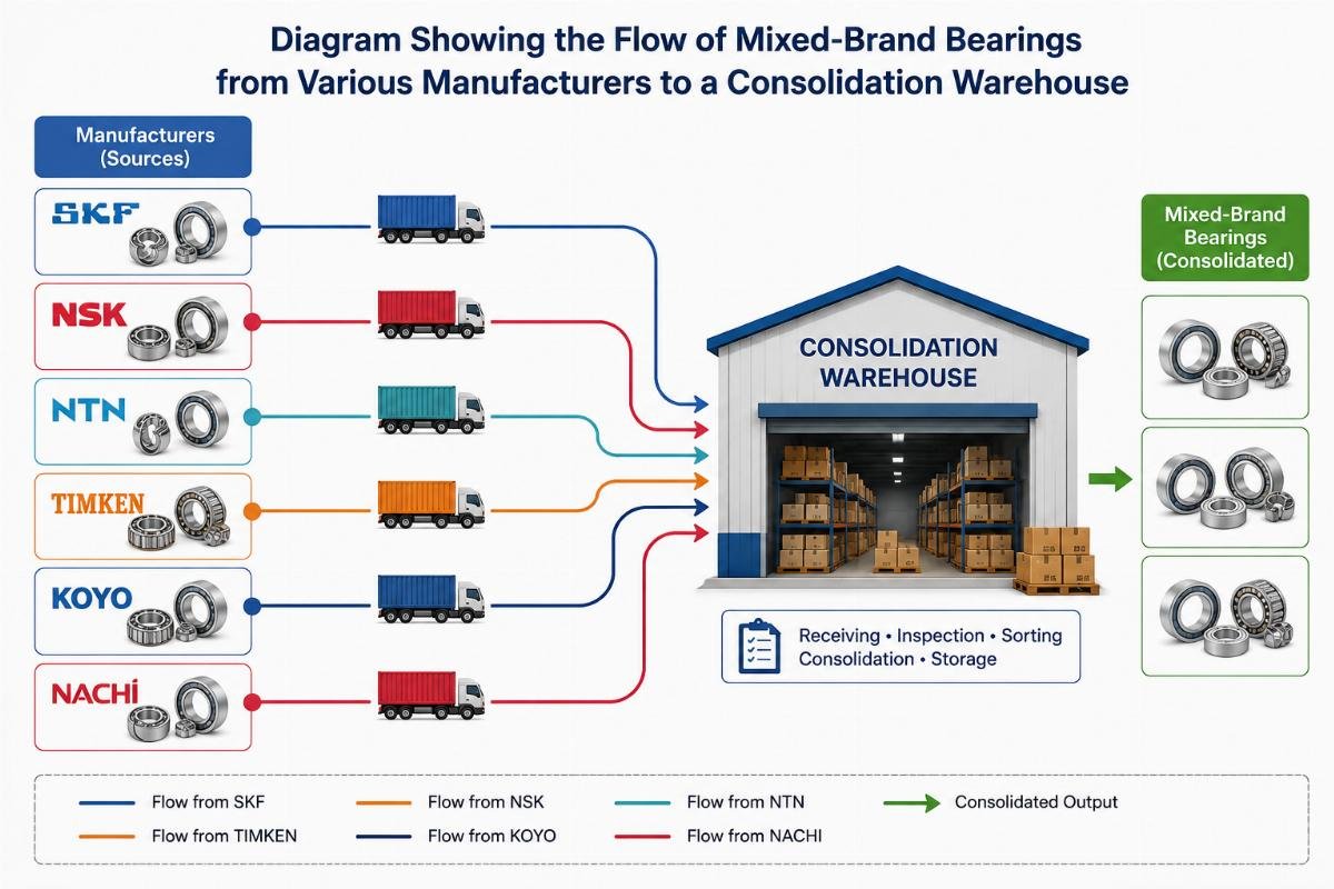 Diagram showing the flow of mixed-brand bearings from various manufacturers to a consolidation warehouse