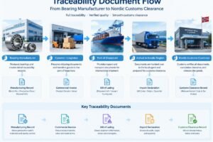 Diagram showing the flow of traceability documents from bearing manufacturer to Nordic customs clearance