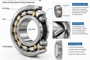 Diagram showing the internal structure of a toroidal roller bearing highlighting the asymmetric rollers and guide flange