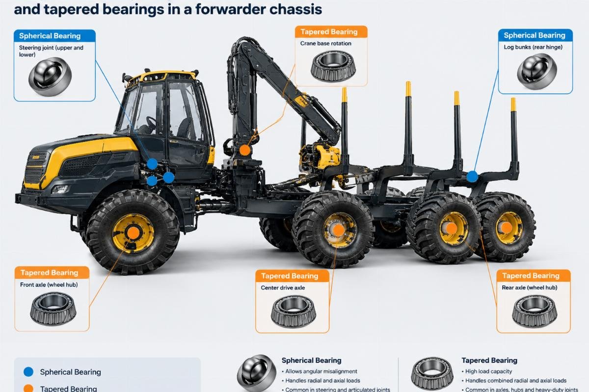 Diagram showing the placement of spherical and tapered bearings in a forwarder chassis