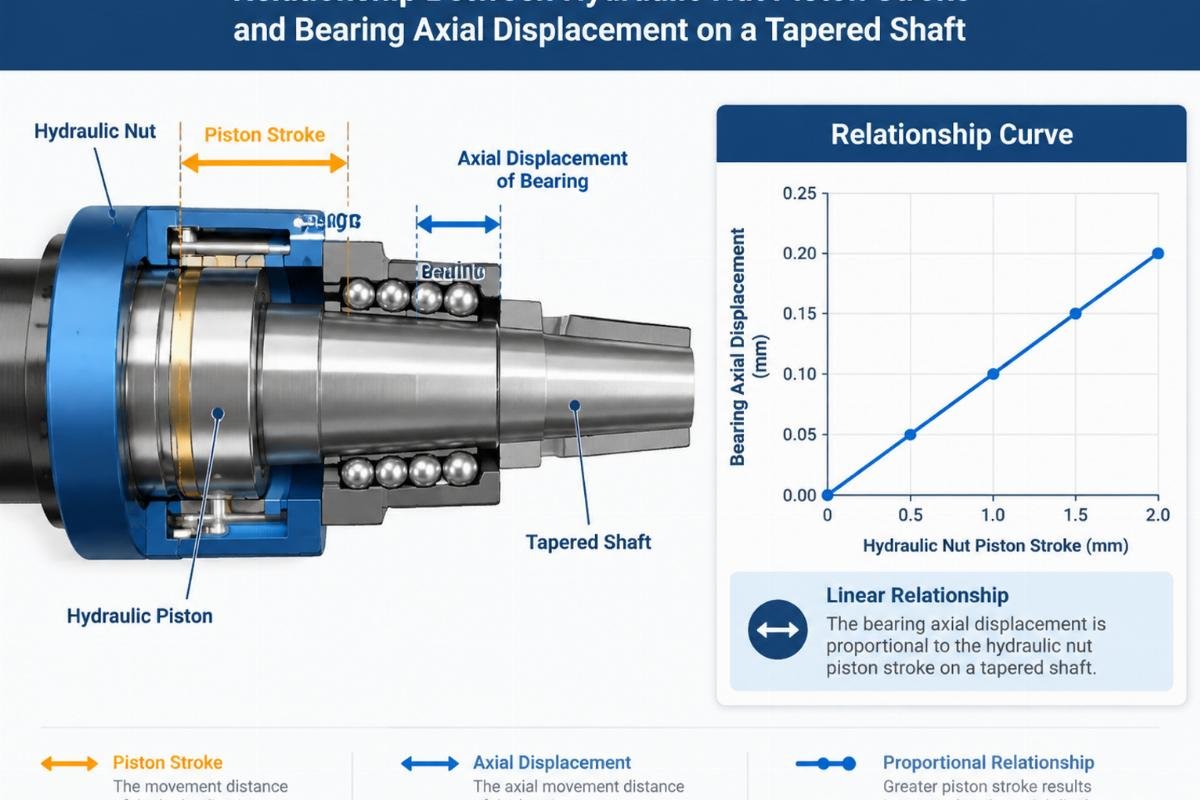 Diagram showing the relationship between hydraulic nut piston stroke and bearing axial displacement on a tapered shaft