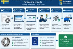 Diagram showing the workflow of Swedish customs clearance for bearing imports including HS code verification and EORI check
