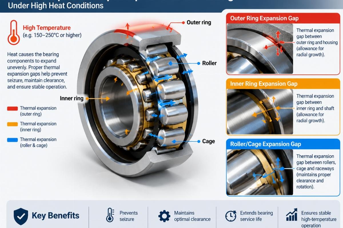 Diagram showing thermal expansion gaps in spherical roller bearings under high heat conditions