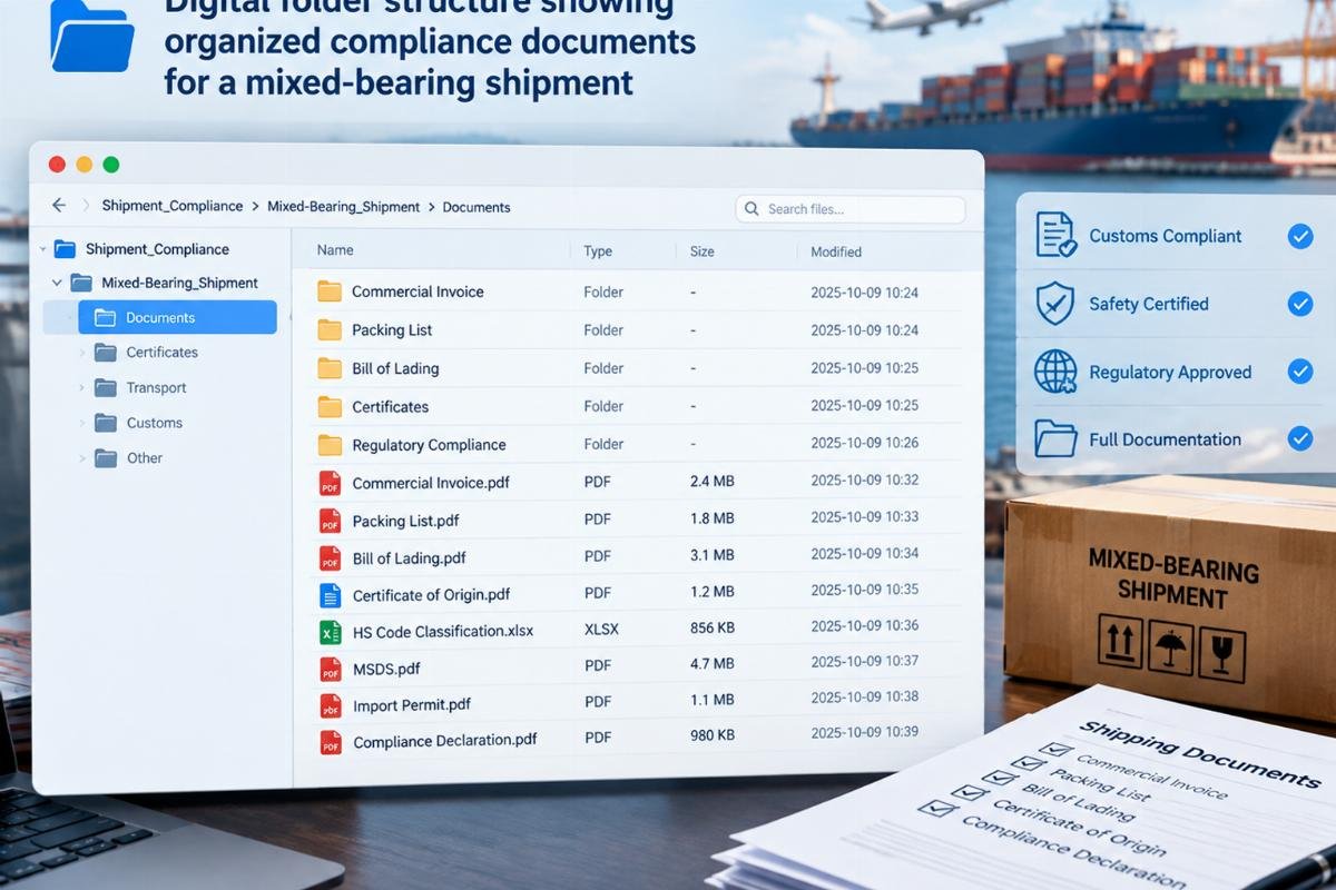 Digital folder structure showing organized compliance documents for a mixed-bearing shipment