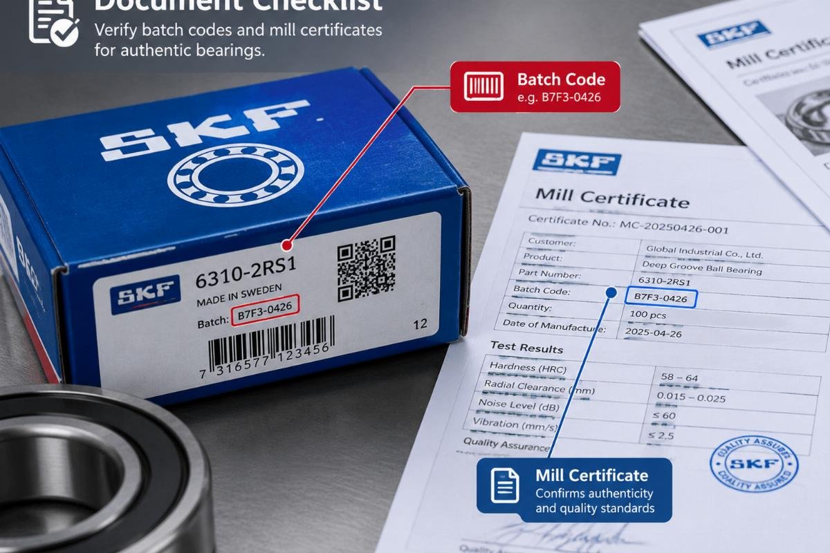 Document checklist overlay on a bearing box, highlighting batch codes and mill certificates