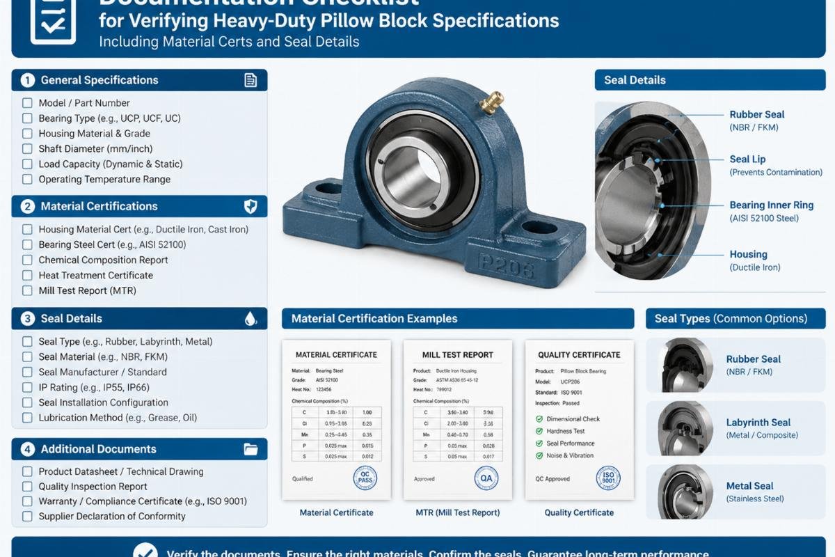 Documentation checklist for verifying heavy-duty pillow block specifications including material certs and seal details