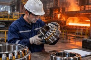 Engineer inspecting spherical roller bearings in a high-temperature steel mill environment