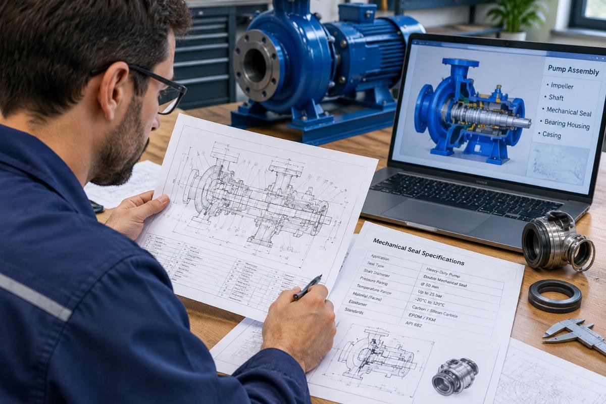 Engineer reviewing technical drawings and seal specifications for a heavy-duty pump application